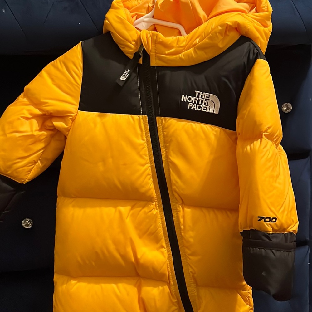 North face infant snow suit yellow and black 12 to 18 months